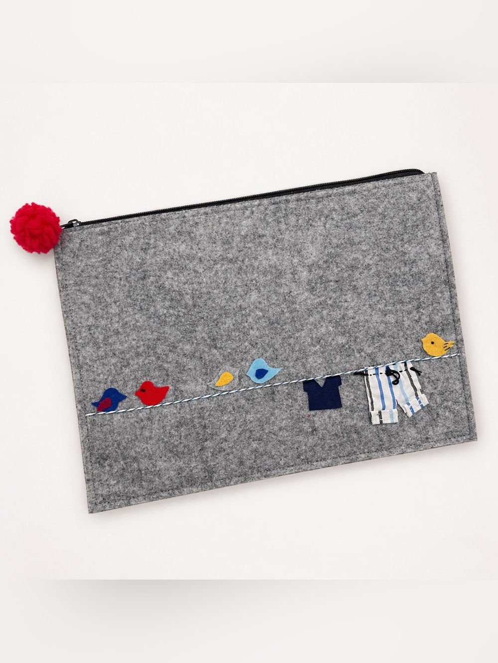 Handmade Felt Clutch Bag w/ Bird Patchwork & Pom Detail – 13” x 9”